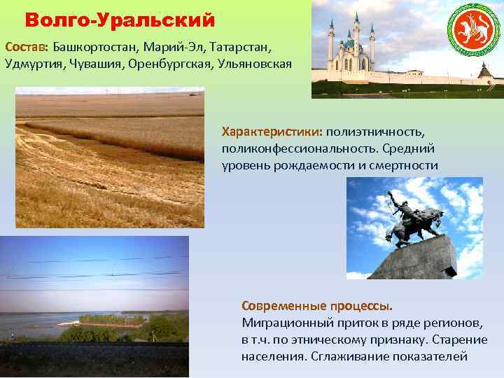 Волго-Уральский Состав: Башкортостан, Марий-Эл, Татарстан, Удмуртия, Чувашия, Оренбургская, Ульяновская Характеристики: полиэтничность, поликонфессиональность. Средний уровень