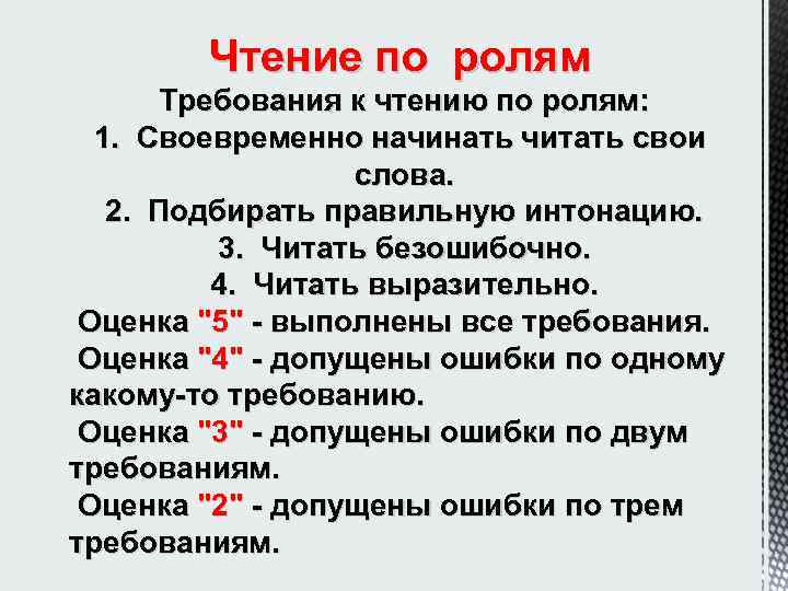 Чтение по ролям Требования к чтению по ролям: 1. Своевременно начинать читать свои слова.