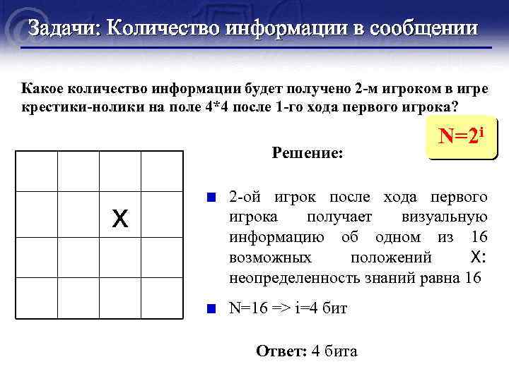 Задачи: Количество информации в сообщении Какое количество информации будет получено 2 -м игроком в