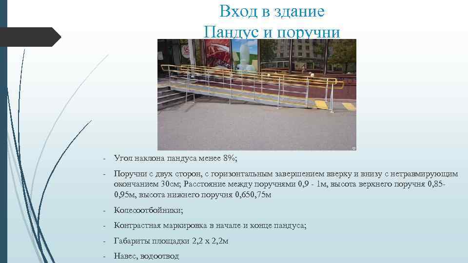 Вход в здание Пандус и поручни - Угол наклона пандуса менее 8%; - Поручни