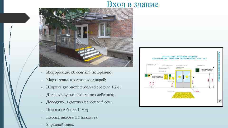 Вход в здание - Информация об объекте по Брайлю; - Маркировка прозрачных дверей; -