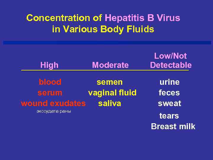 Concentration of Hepatitis B Virus in Various Body Fluids High Moderate blood semen serum