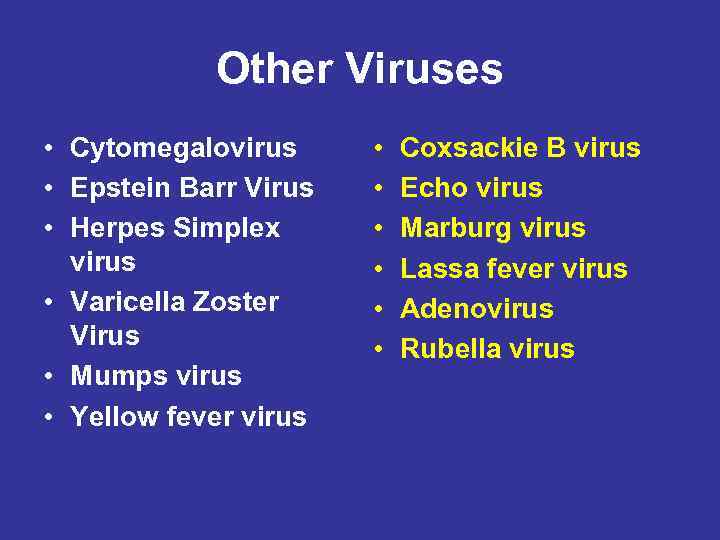 Other Viruses • Cytomegalovirus • Epstein Barr Virus • Herpes Simplex virus • Varicella