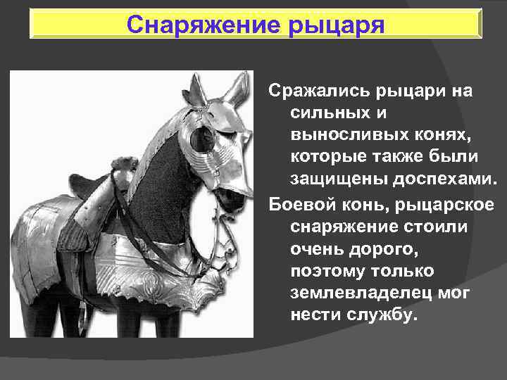 Снаряжение рыцаря Сражались рыцари на сильных и выносливых конях, которые также были защищены доспехами.