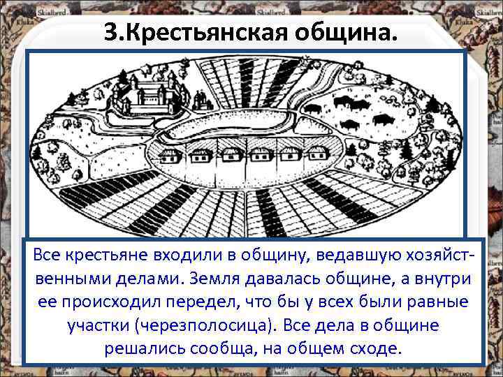 3. Крестьянская община. Все крестьяне входили в общину, ведавшую хозяйственными делами. Земля давалась общине,
