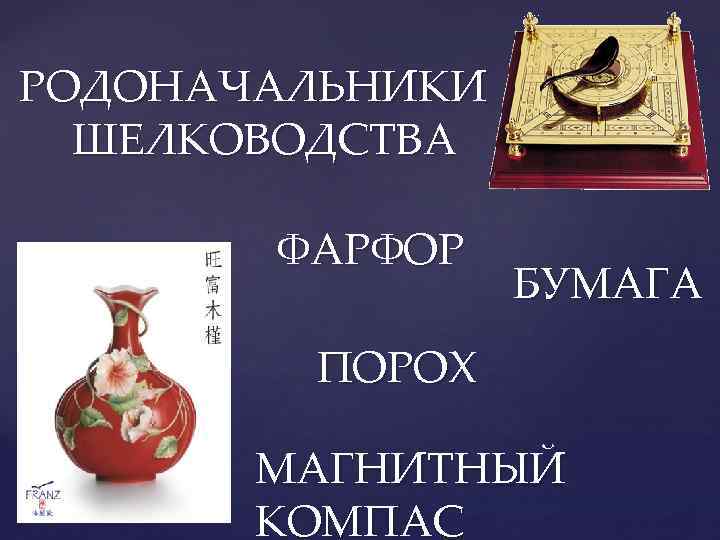  РОДОНАЧАЛЬНИКИ ШЕЛКОВОДСТВА ФАРФОР БУМАГА ПОРОХ МАГНИТНЫЙ КОМПАС 
