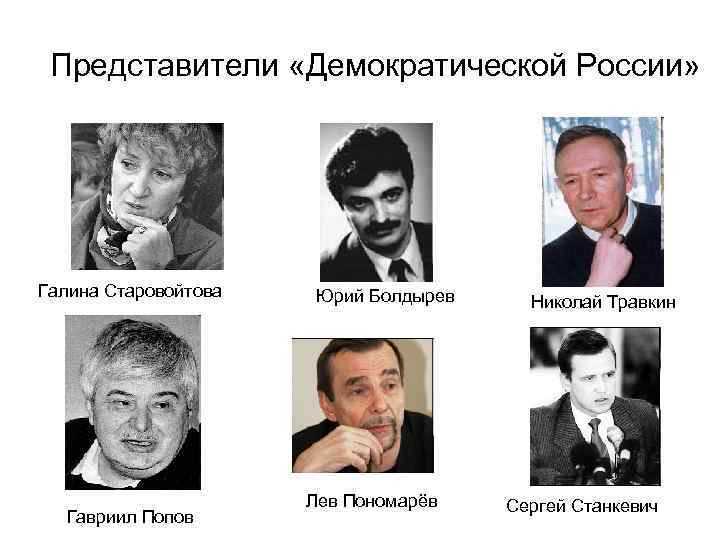 Представители «Демократической России» Галина Старовойтова Гавриил Попов Юрий Болдырев Лев Пономарёв Николай Травкин Сергей