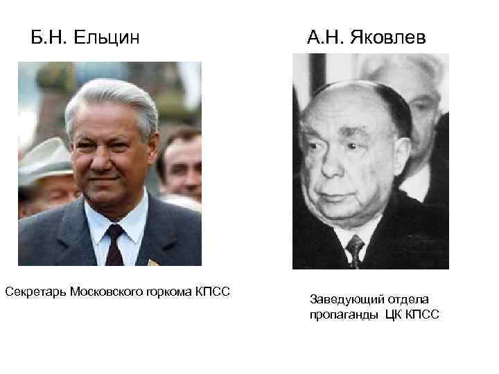 Б. Н. Ельцин Секретарь Московского горкома КПСС А. Н. Яковлев Заведующий отдела пропаганды ЦК