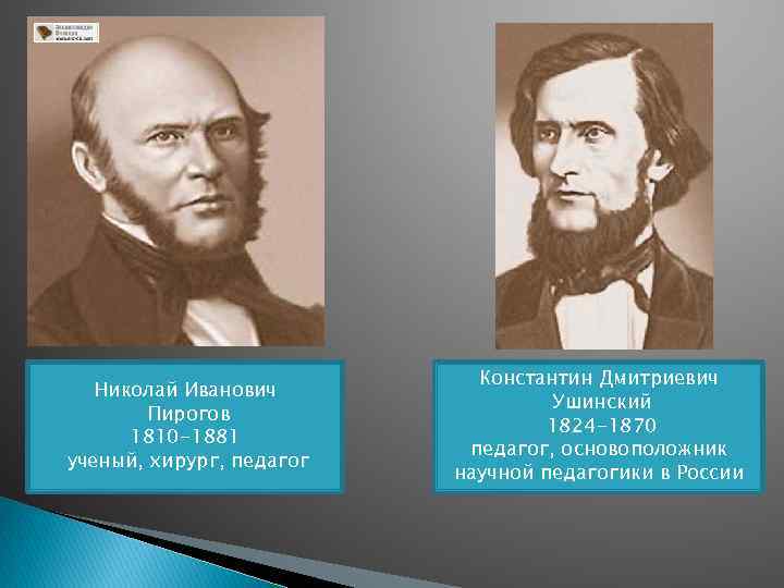 Николай Иванович Пирогов 1810 -1881 ученый, хирург, педагог Константин Дмитриевич Ушинский 1824 -1870 педагог,