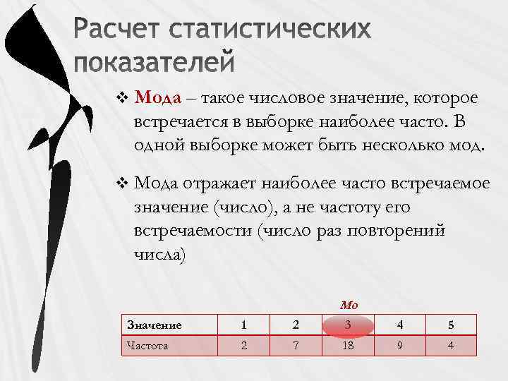 v Мода – такое числовое значение, которое встречается в выборке наиболее часто. В одной