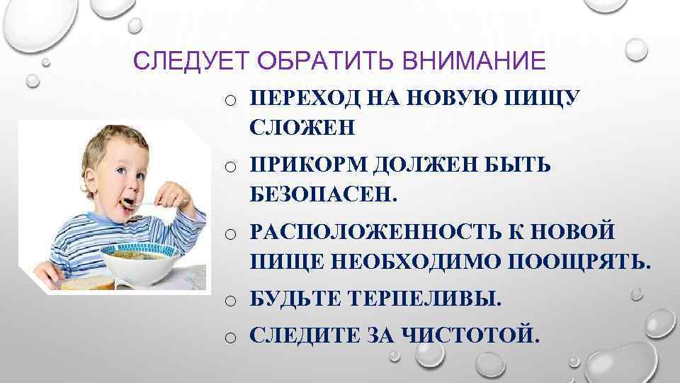 СЛЕДУЕТ ОБРАТИТЬ ВНИМАНИЕ o ПЕРЕХОД НА НОВУЮ ПИЩУ СЛОЖЕН o ПРИКОРМ ДОЛЖЕН БЫТЬ БЕЗОПАСЕН.