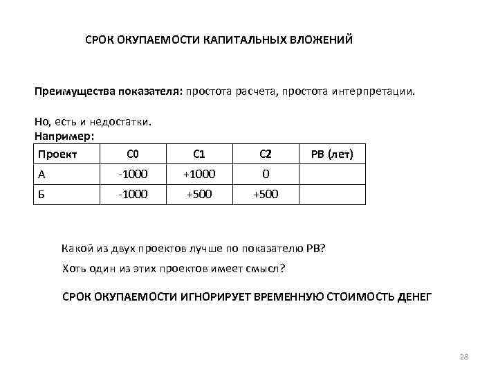 Основные недостатки показателя период окупаемости проекта