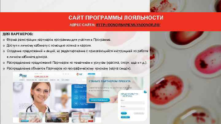САЙТ ПРОГРАММЫ ЛОЯЛЬНОСТИ АДРЕС САЙТА: HTTP: //DONORSAPIENS. YADONOR. RU/ ДЛЯ ПАРТНЕРОВ: o Форма регистрации