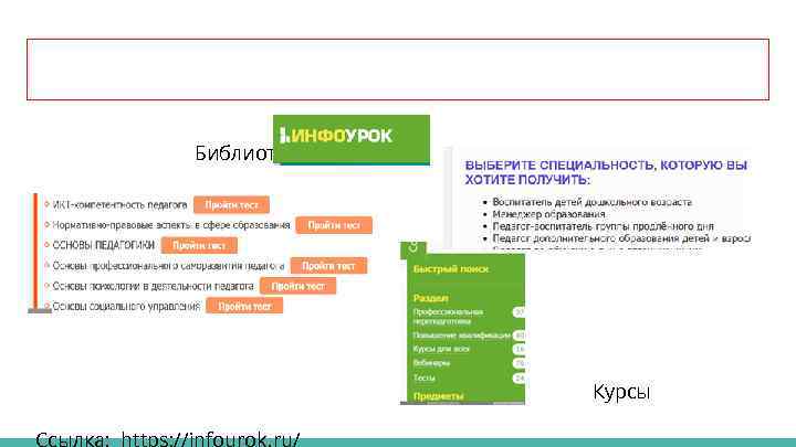 Библиотека Тесты Курсы Ссылка: https: //infourok. ru/ 