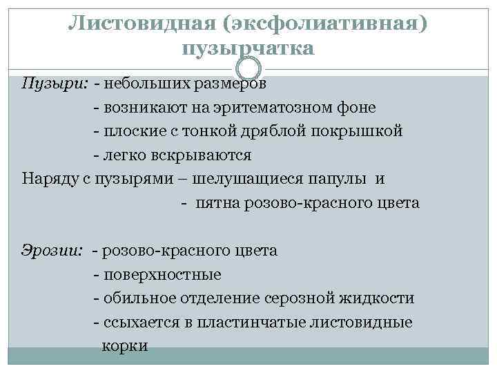 Листовидная (эксфолиативная) пузырчатка Пузыри: - небольших размеров - возникают на эритематозном фоне - плоские