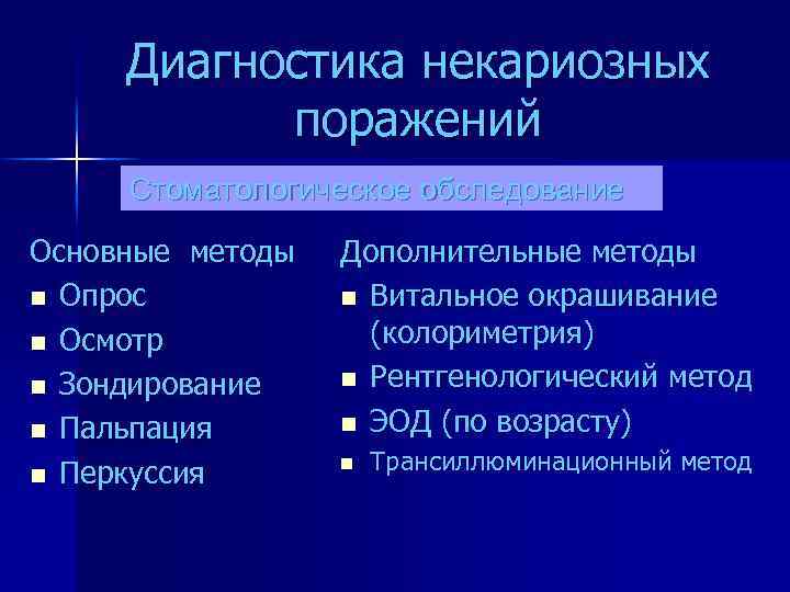 Диагностика некариозных поражений Стоматологическое обследование Основные методы n Опрос n Осмотр n Зондирование n