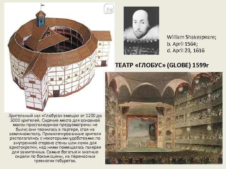 William Shakespeare; b. April 1564; d. April 23, 1616 ТЕАТР «ГЛОБУС» (GLOBE) 1599 г