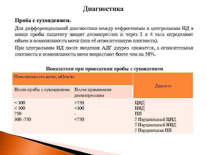 Диагностика Проба с сухоядением. Для дифференциальной диагностики между нефрогенным и центральным НД в конце