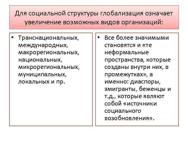 Для социальной структуры глобализация означает увеличение возможных видов организаций: • Транснациональных, международных, макрорегиональных, национальных,