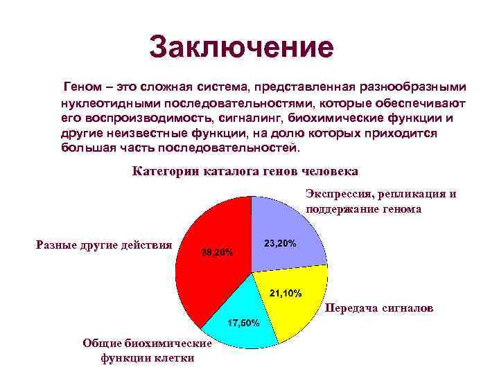 Заключение Геном – это сложная система, представленная разнообразными нуклеотидными последовательностями, которые обеспечивают его воспроизводимость,