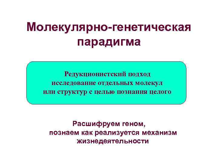 Молекулярно-генетическая парадигма Редукционистский подход исследование отдельных молекул или структур с целью познания целого Расшифруем