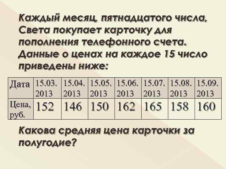 Каждый месяц, пятнадцатого числа, Света покупает карточку для пополнения телефонного счета. Данные о ценах