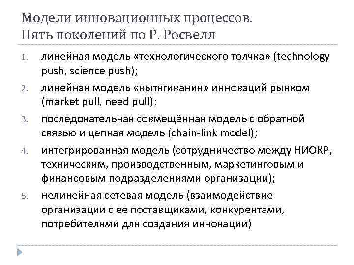 Модели инновационных процессов. Пять поколений по Р. Росвелл 1. 2. 3. 4. 5. линейная