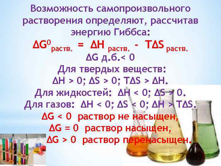 Возможность самопроизвольного растворения определяют, рассчитав энергию Гиббса: ∆G 0 раств. = ∆H раств. -