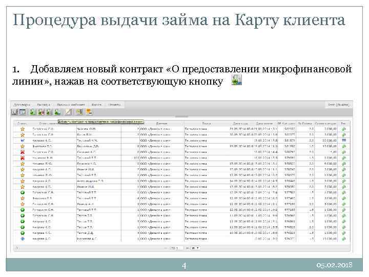 Процедура выдачи займа на Карту клиента 1. Добавляем новый контракт «О предоставлении микрофинансовой линии»