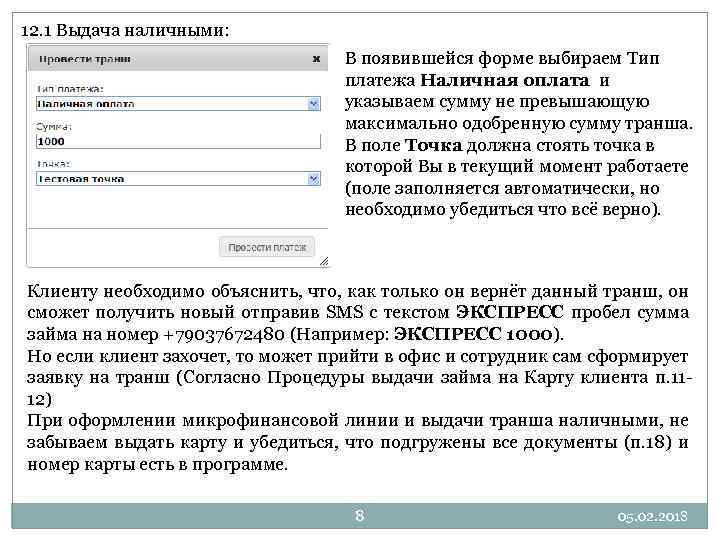12. 1 Выдача наличными: В появившейся форме выбираем Тип платежа Наличная оплата и указываем