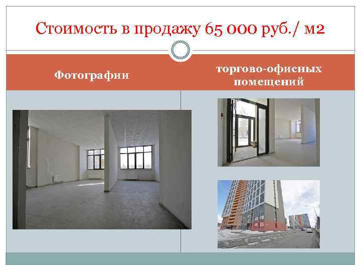 Стоимость в продажу 65 000 руб. / м 2 Фотографии торгово-офисных помещений 