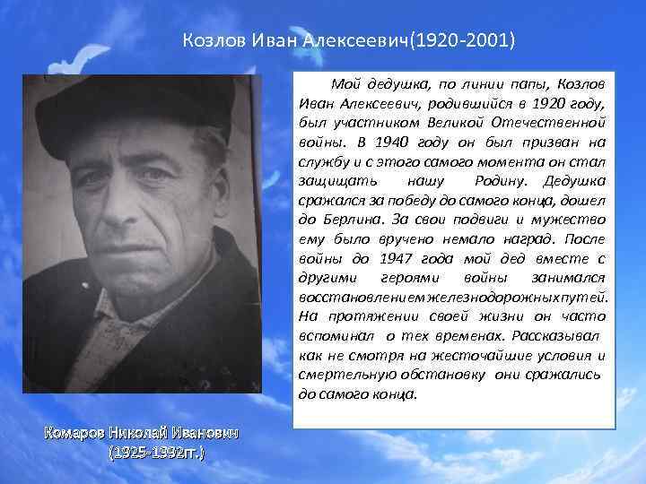 Козлов Иван Алексеевич(1920 -2001) Мой дедушка, по линии папы, Козлов Иван Алексеевич, родившийся в