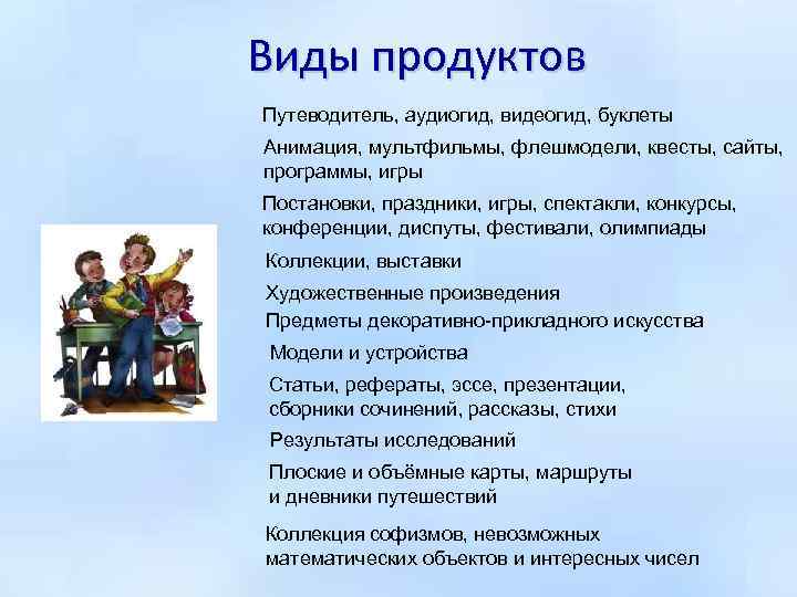 Виды продуктов Путеводитель, аудиогид, видеогид, буклеты Анимация, мультфильмы, флешмодели, квесты, сайты, программы, игры Постановки,