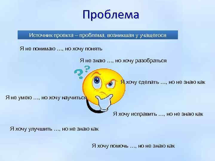 Проблема Источник проекта – проблема, возникшая у учащегося Я не понимаю …, но хочу