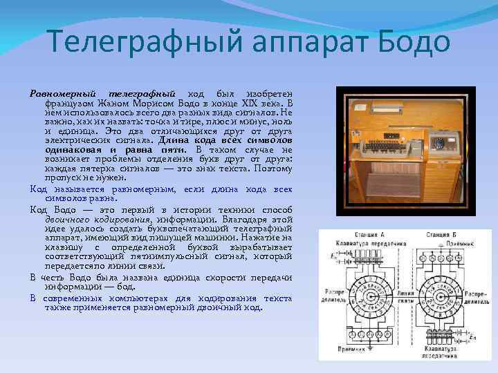 Телеграфный аппарат Бодо Равномерный телеграфный код был изобретен французом Жаном Морисом Бодо в конце