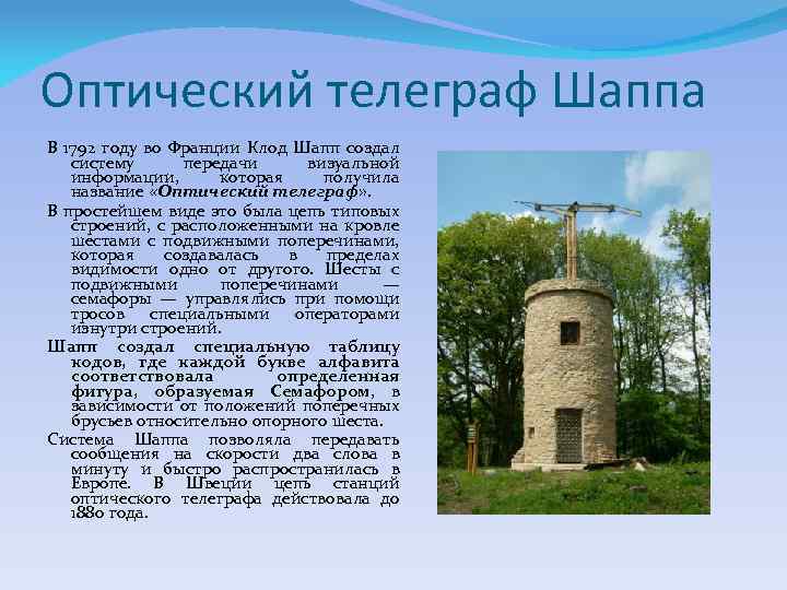 Оптический телеграф Шаппа В 1792 году во Франции Клод Шапп создал систему передачи визуальной