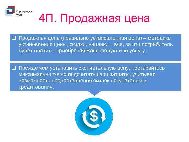 4 П. Продажная цена q Продажная цена (правильно установленная цена) – методика установления цены,