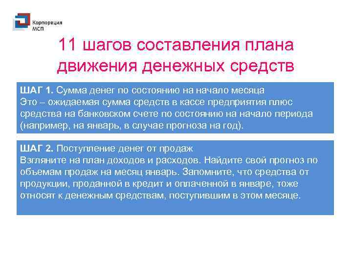 11 шагов составления плана движения денежных средств ШАГ 1. Сумма денег по состоянию на