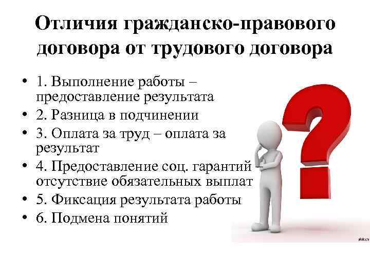 Отличия гражданско-правового договора от трудового договора • 1. Выполнение работы – предоставление результата •