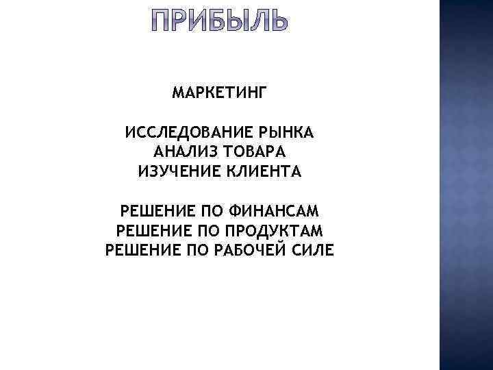 МАРКЕТИНГ ИССЛЕДОВАНИЕ РЫНКА АНАЛИЗ ТОВАРА ИЗУЧЕНИЕ КЛИЕНТА РЕШЕНИЕ ПО ФИНАНСАМ РЕШЕНИЕ ПО ПРОДУКТАМ РЕШЕНИЕ