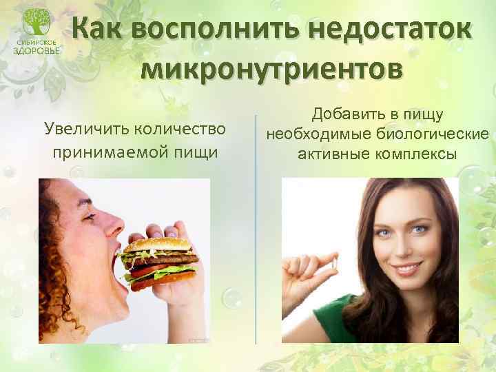 Как восполнить недостаток микронутриентов Увеличить количество принимаемой пищи Добавить в пищу необходимые биологические активные