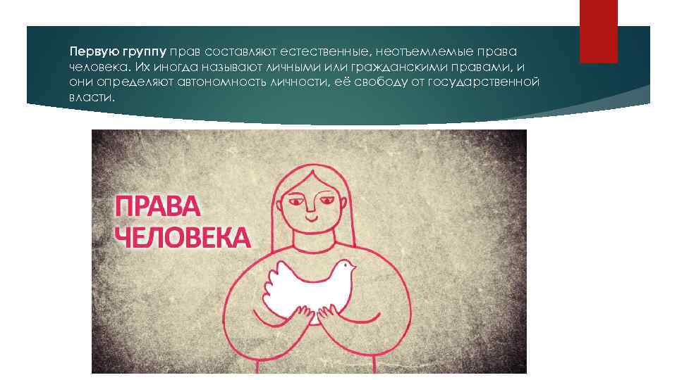 Первую группу прав составляют естественные, неотъемлемые права человека. Их иногда называют личными или гражданскими