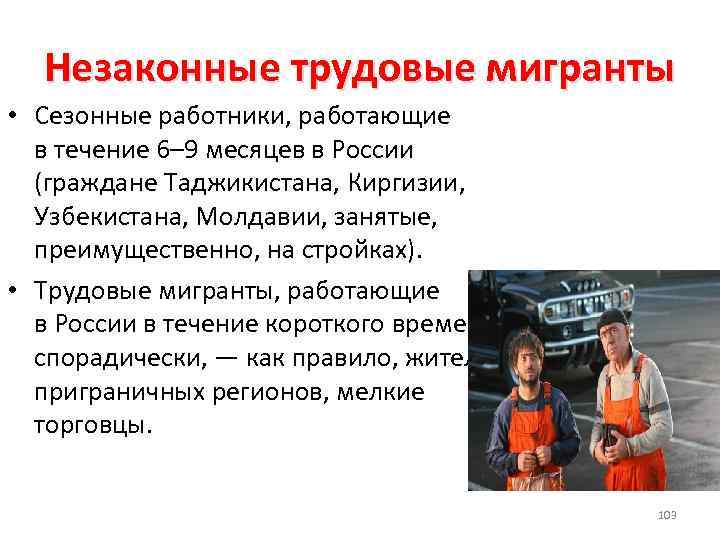 Незаконные трудовые мигранты • Сезонные работники, работающие в течение 6– 9 месяцев в России