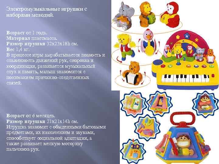 Электромузыкальные игрушки с наборами мелодий. Возраст от 1 года. Материал пластмасса. Размер игрушки 32