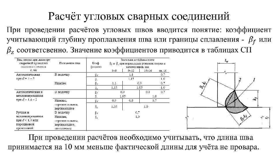 Расчёт угловых сварных соединений • При проведении расчётов необходимо учитывать, что длина шва принимается