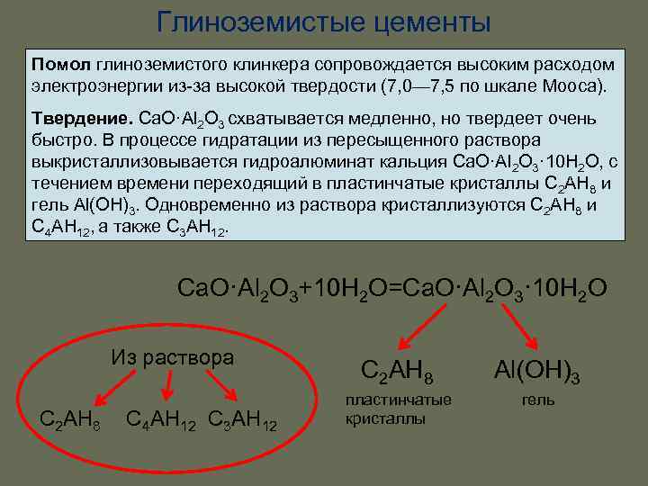 Глиноземистые цементы Помол глиноземистого клинкера сопровождается высоким расходом электроэнергии из-за высокой твердости (7, 0—