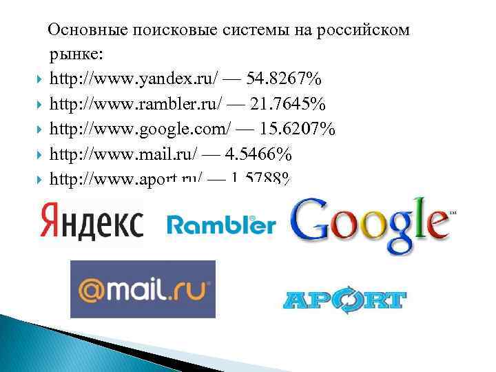 Основные поисковые системы на российском рынке: http: //www. yandex. ru/ — 54. 8267% http: