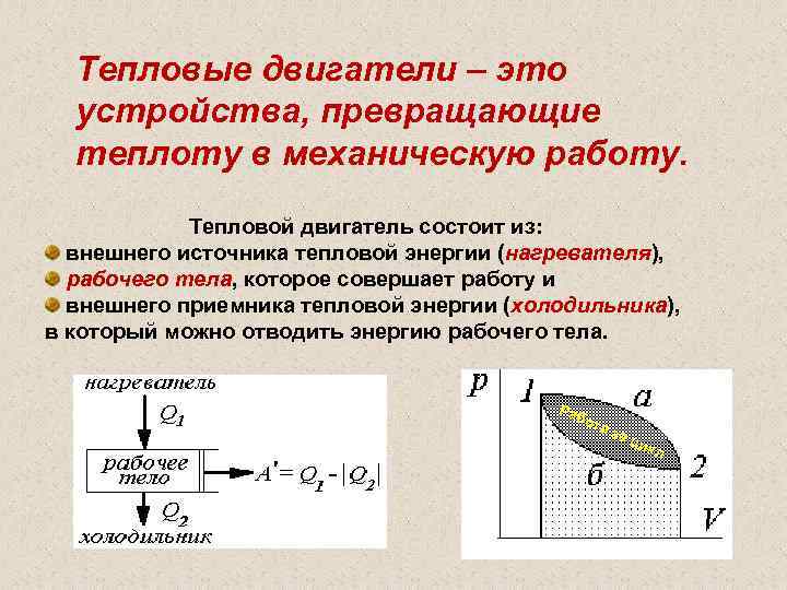 Тепловые двигатели – это устройства, превращающие теплоту в механическую работу. Тепловой двигатель состоит из: