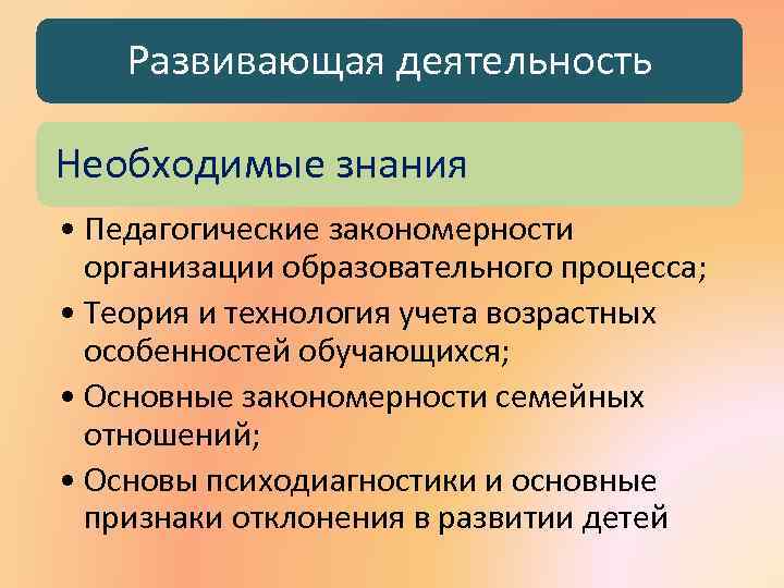 Развивающая деятельность Необходимые знания • Педагогические закономерности организации образовательного процесса; • Теория и технология