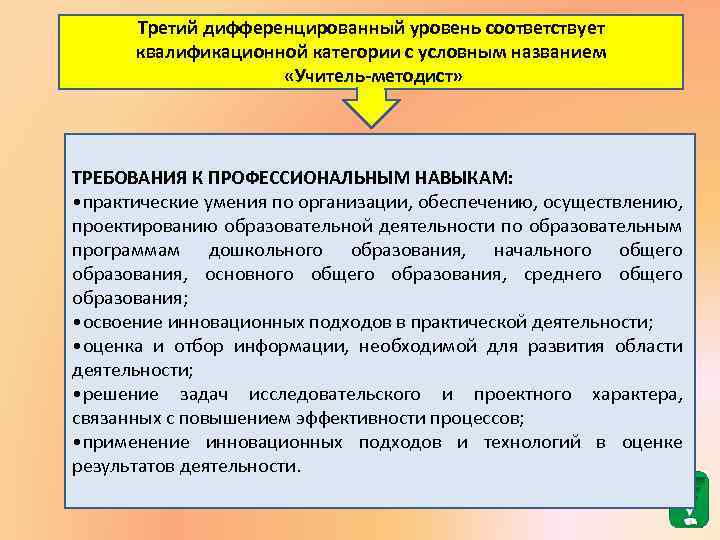 Третий дифференцированный уровень соответствует квалификационной категории с условным названием «Учитель-методист» ТРЕБОВАНИЯ К ПРОФЕССИОНАЛЬНЫМ НАВЫКАМ: